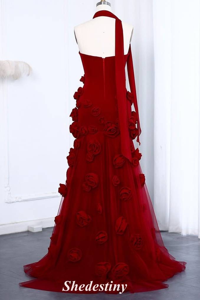 3D Flowers Princess Pink Sweetheart A-Line Prom Dress with Slit