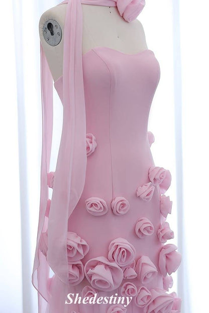 3D Flowers Princess Pink Sweetheart A-Line Prom Dress with Slit