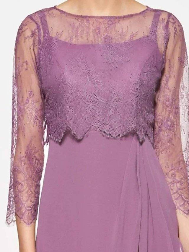 A-Line Mother of the Bride Dress Elegant Jewel Neck Ankle Length Chiffon Lace 3/4 Length Sleeve with Ruffles - RongMoon