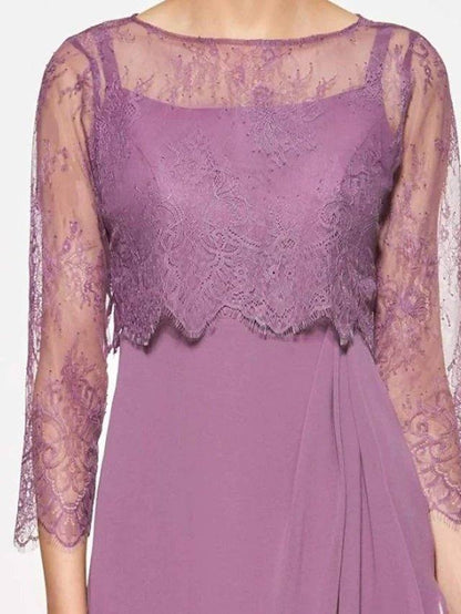 A-Line Mother of the Bride Dress Elegant Jewel Neck Ankle Length Chiffon Lace 3/4 Length Sleeve with Ruffles - RongMoon