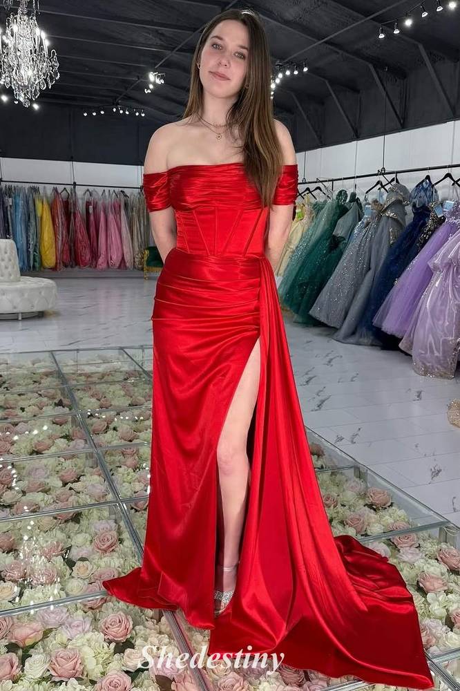 Off the Shoulder Red Pleated Coset Mermaid Slit Prom Dress
