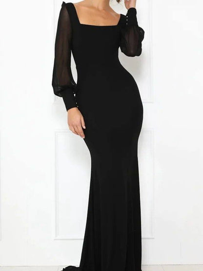 Mermaid / Trumpet Minimalist Elegant Wedding Guest Formal Evening Dress Scoop Neck Long Sleeve Court Train Stretch Satin with Sleek - RongMoon