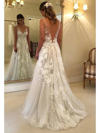 A-Line Wedding Dresses V Neck Court Train Lace Regular Straps Formal Casual Beach - RongMoon