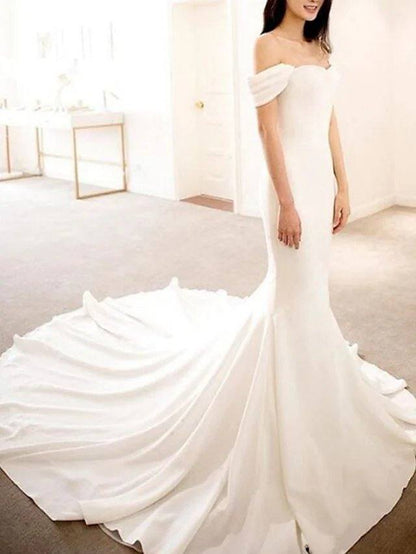 Mermaid / Trumpet Wedding Dresses Off Shoulder Court Train Satin Cap Sleeve Simple Luxurious with Pleats - RongMoon
