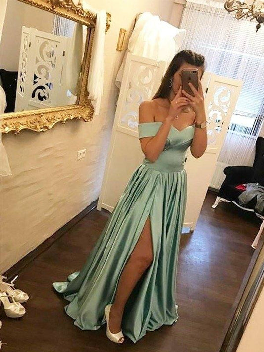 A-Line/Princess Off-the-Shoulder Sweep/Brush Train Ruffles Satin Dresses - RongMoon