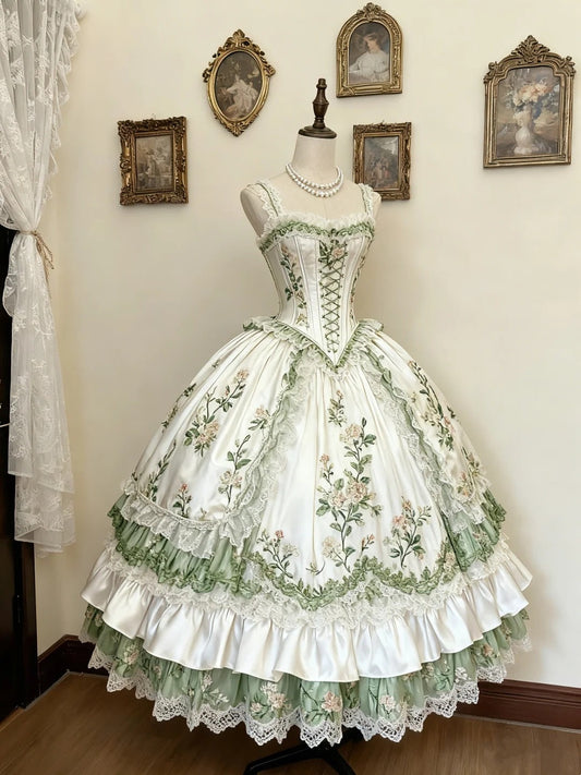 Green and White Rose Rococo Palace Dress gh6781