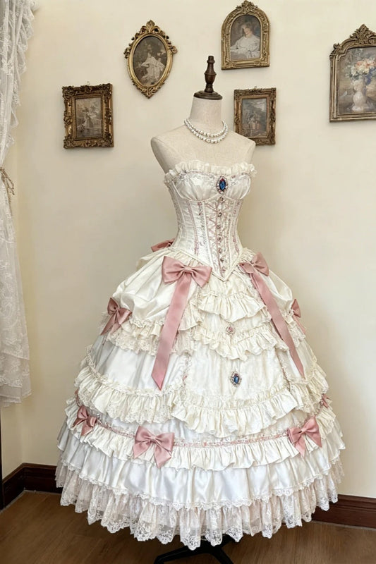 girlhomeshops-Long Tulle Lace Retro Classical Cream Apricot And Pink Interwoven Dream Dress Palace Lolita Dress Floral Ball Gown gh5937