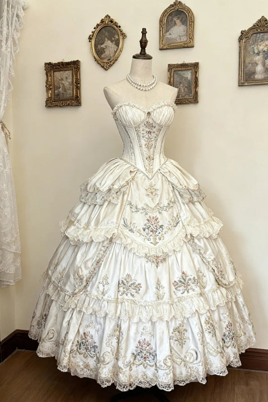 girlhomeshops-Long Tulle Lace Retro Classical Oil Painting Style Palace Lolita Dress Floral Ball Gown gh5936
