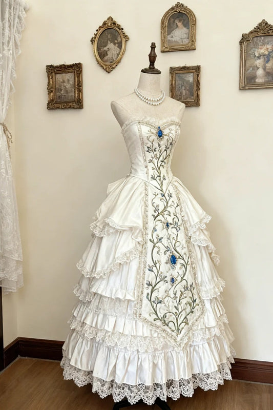 girlhomeshops-Ivory White Elegant Fairytale Long Satin Lace Retro Classic Dream Palace Lolita Dress Floral Ball Gown gh5939