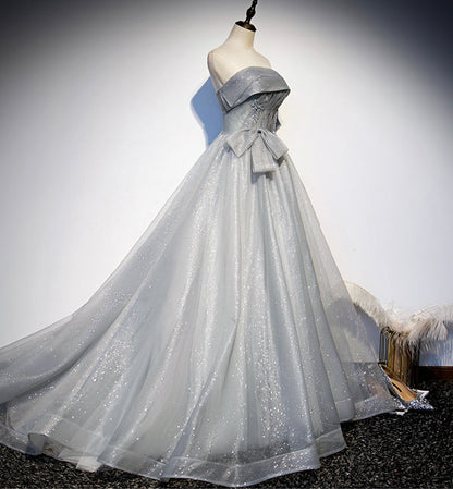 Gray tulle sequins long ball gown dress formal dress  8448