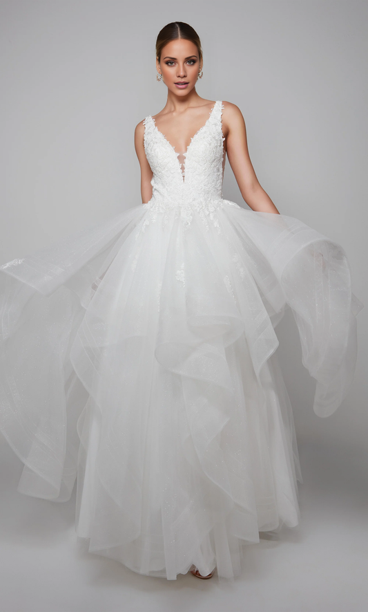 Chiffon lace deep V-neck floral decals and floor length wedding dresses