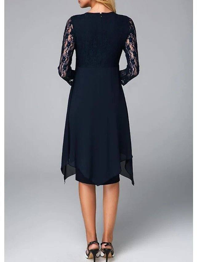 Sheath / Column Mother of the Bride Dress Plus Size Jewel Neck Knee Length Chiffon 3/4 Length Sleeve with Lace Crystals - RongMoon