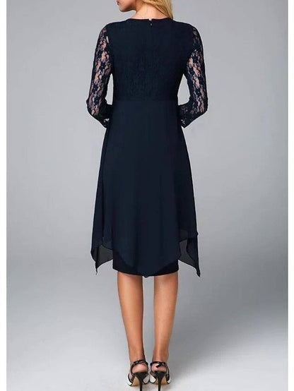 Sheath / Column Mother of the Bride Dress Plus Size Jewel Neck Knee Length Chiffon 3/4 Length Sleeve with Lace Crystals - RongMoon