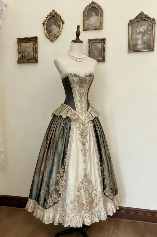 girlhomeshops-Gold & Silver Thread Embroidered & Lace - Paneled Strapless Grand Floor - Length Ball Dress gh5890