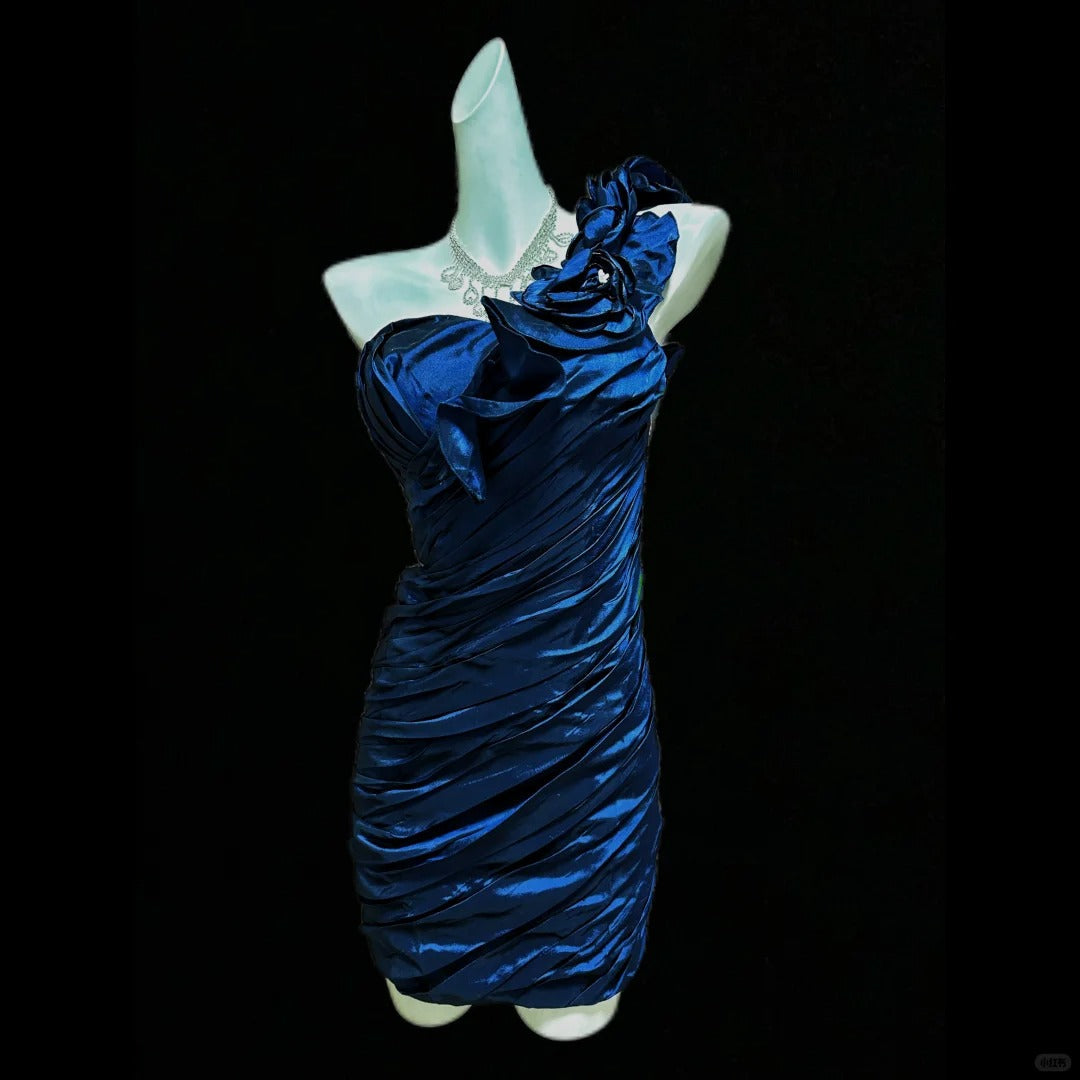 Blue Floral Short Satin Homecoming Dress Prom Dress Birthday Dress gh4638
