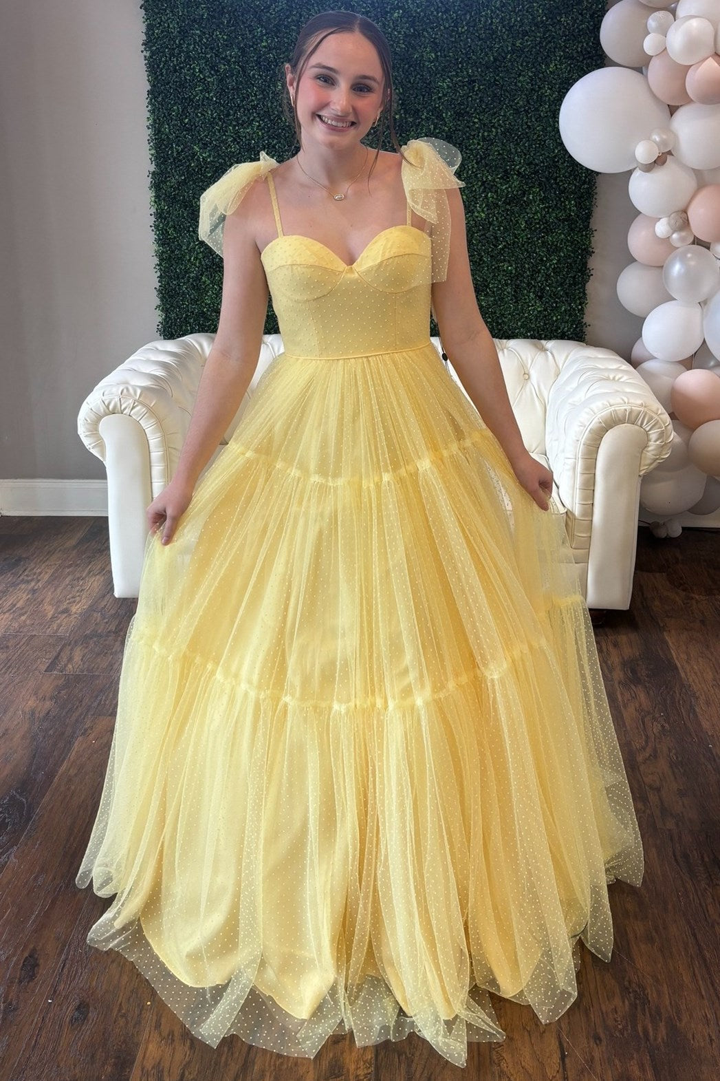 Polka Dot Sweetheart Bow Strap A-Line Long Prom Dress
