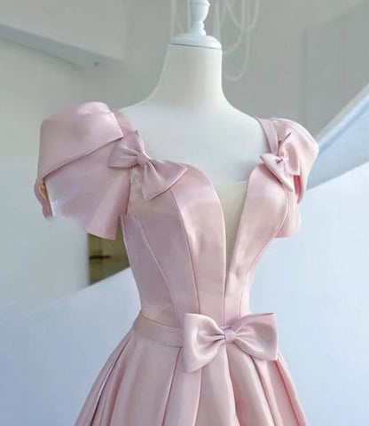 Pink satin long prom dress pink evening dress  10311