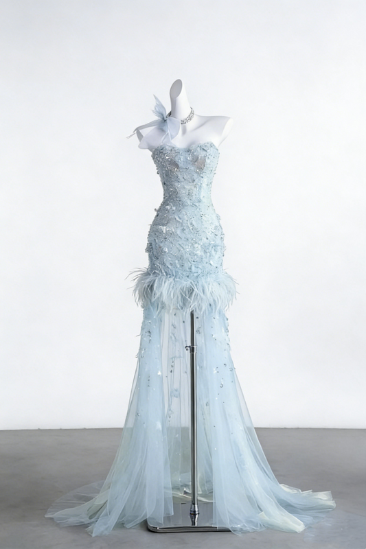 Light Blue Feather & Beaded Mermaid Gown - Ethereal Tulle Train Evening Dress gh6944
