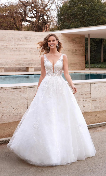 Chiffon lace deep V-neck backless floral lace and floor length wedding dresses