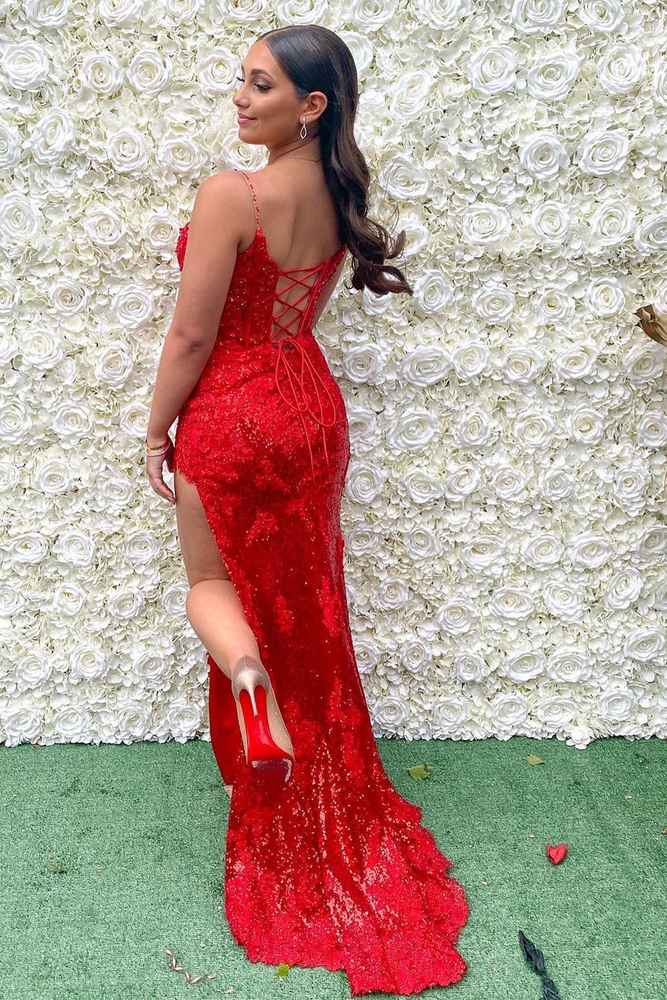 Blue Sequin Appliques Cold-Shoulder Long Prom Gown with Slit