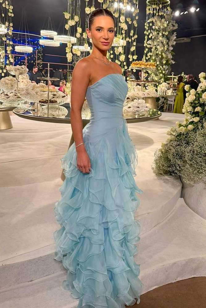 Strapless Ice Blue Ethereal Ruffle A-Line Prom Dress