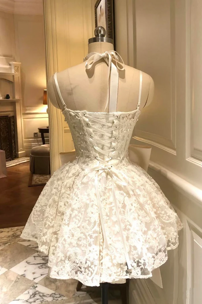 White Lace Bow Spaghetti Strap Homecoming Dress with Flare Mini Skirt