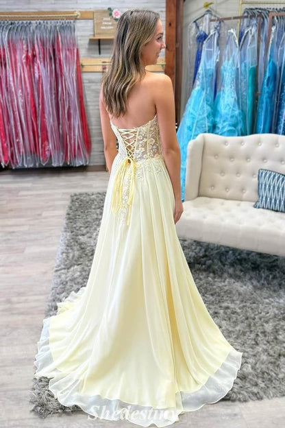 Sweetheart Yellow Applique Sequins Lace-up Prom Dress