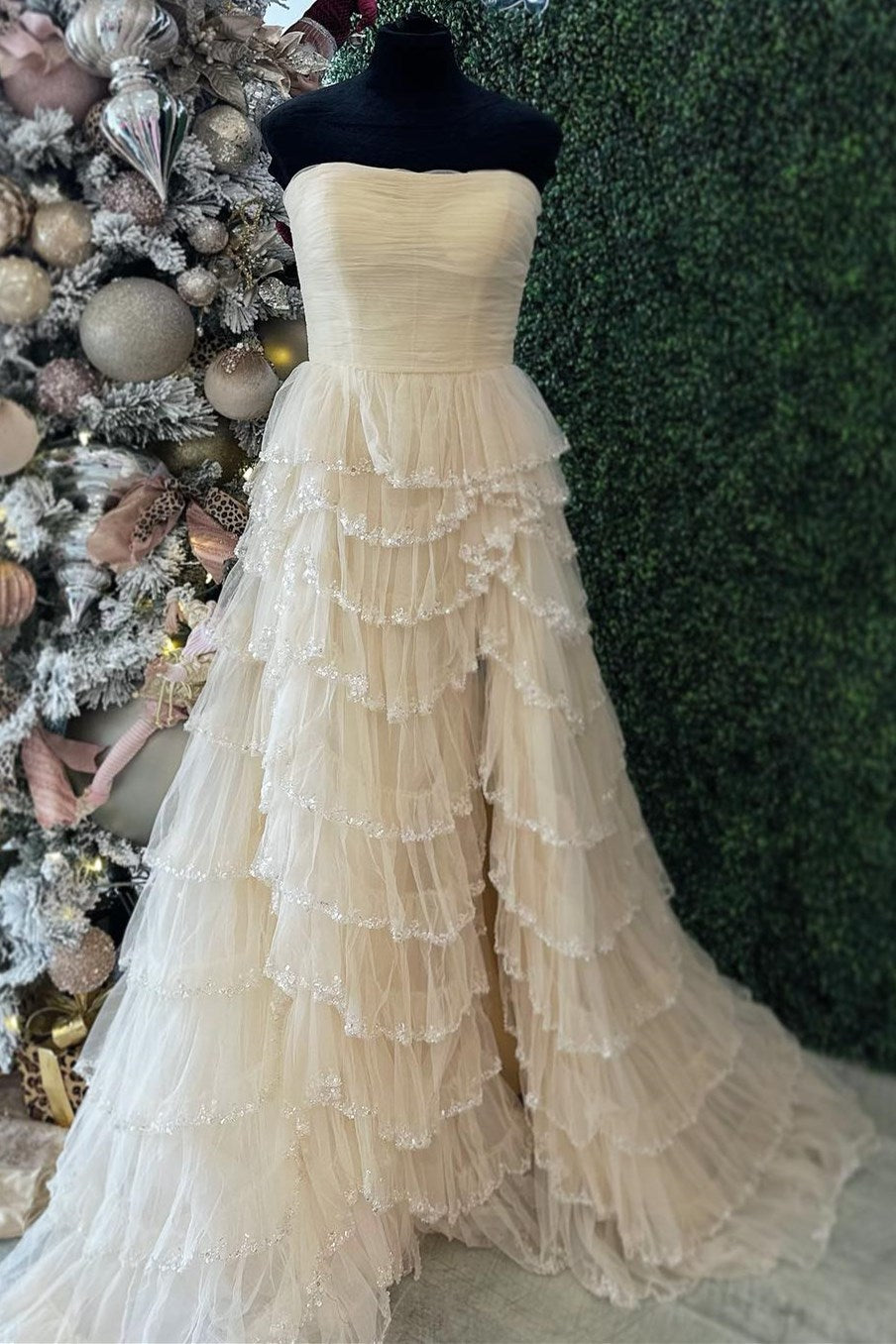 Black Tulle Strapless Ruffle Beaded Long Prom Dress with Slit
