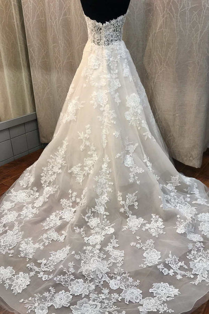 Strapless White Tulle Floral Lace A-Line Wedding Dress