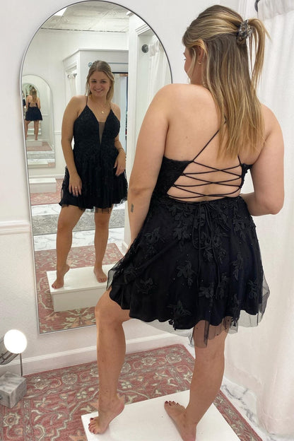 Periwinkle Appliques Plunge V Lace-Up A-Line Homecoming Dress