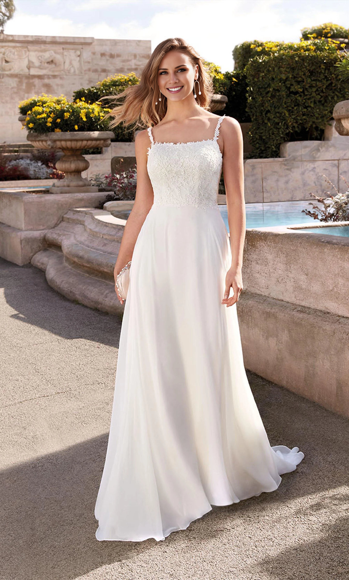 Chiffon lace square collar with flowing back tie for wedding dress
