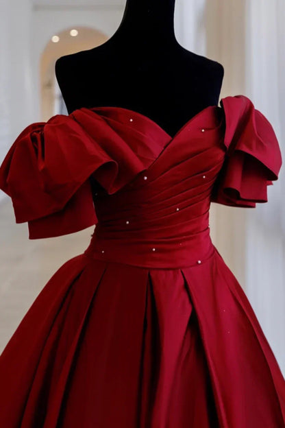 Gorgeous Burgundy V-neck Satin Puffy Sleeves Beading Sweet 16 Quinceanera A-Line Evening Dress Ball Gown HZ1024