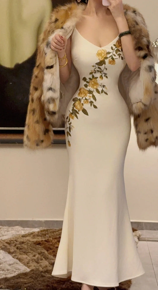 Vintage Lady Style Mermaid Ankle-Length Cream Yellow Rose Embroidered Camisole Gown - Elegant Slim Dress for Dinner Party & Events gh6487