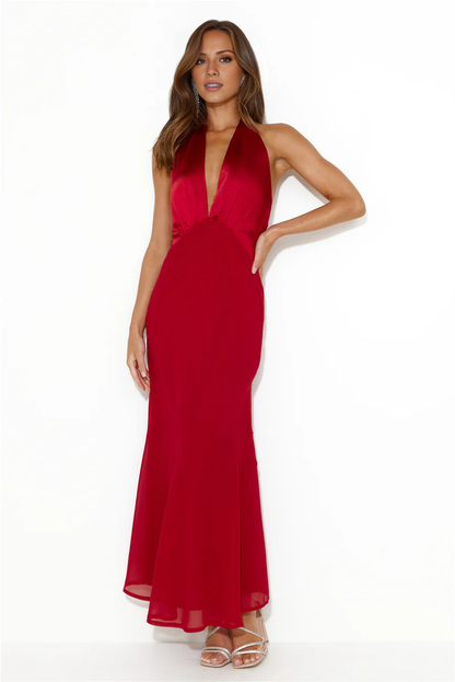 Jimiss deep V-neck hanging satin backless long Prom dress