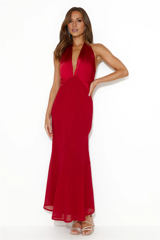 Jimiss deep V-neck hanging satin backless long Prom dress