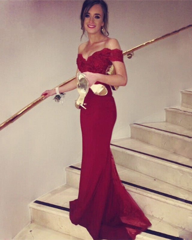 Lace V-neck Off Shoulder Mermaid Court Train Evening Dresses