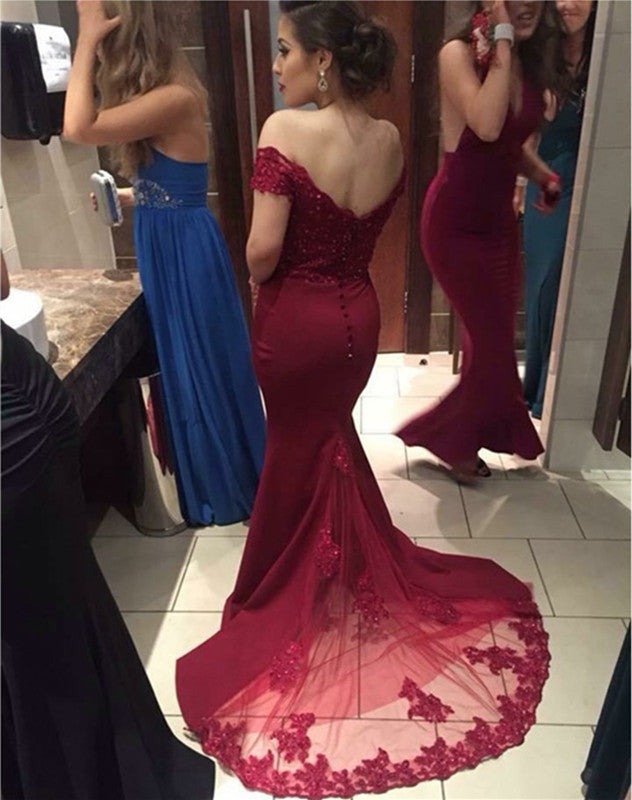 Lace V-neck Off Shoulder Mermaid Court Train Evening Dresses