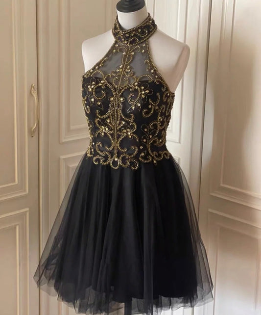 Black Gold Beaded Short Tulle Homecoming Dress Prom Dress Birthday Party Dress gh4848