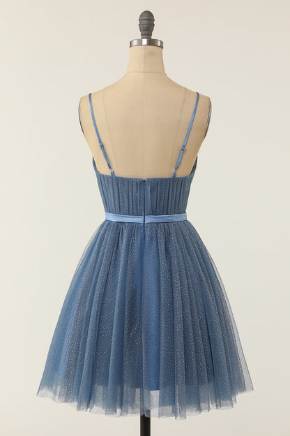 Smoky Blue Tulle Spaghetti Strap A-Line Homecoming Dress