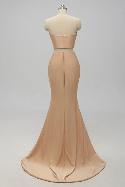 Elegant Two Piece Strapless Champagne Bridesmaid Dress