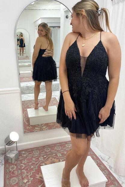 Periwinkle Appliques Plunge V Lace-Up A-Line Homecoming Dress