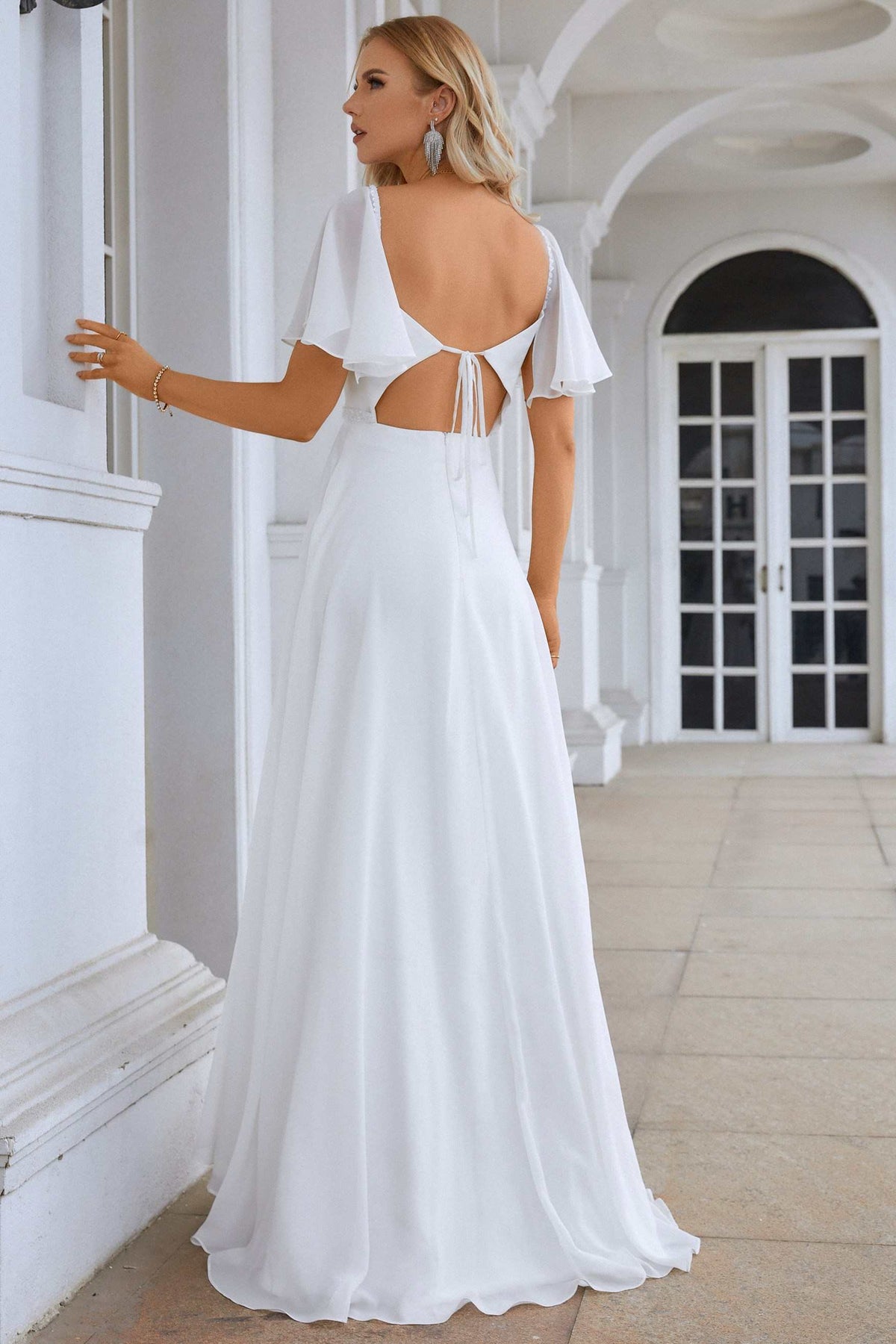 White Chiffon Tie-Back A-Line Long Dress with Flutter Sleeves