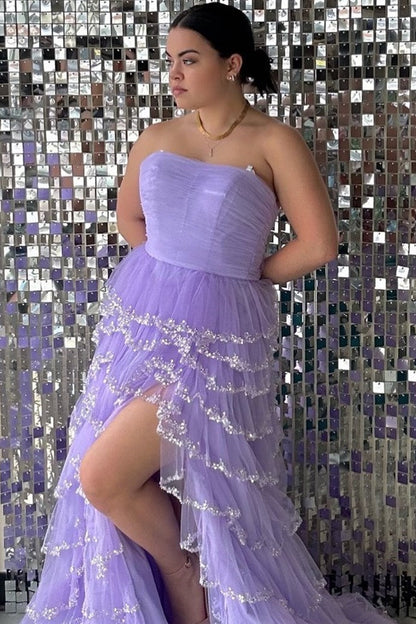 Black Tulle Strapless Ruffle Beaded Long Prom Dress with Slit