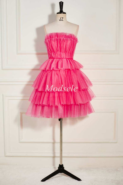 Hot Pink Strapless Tiered A-Line Short Party Dress with Ruffles