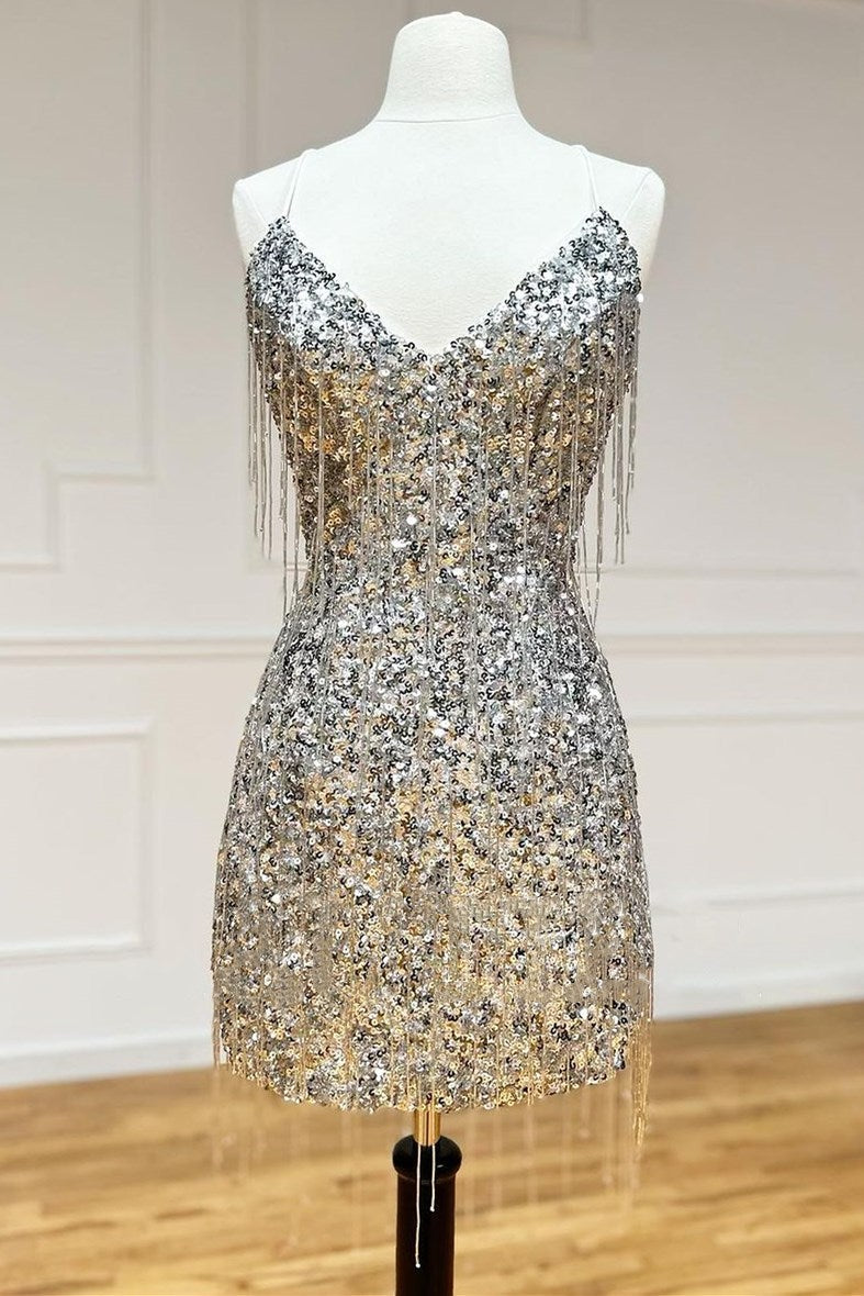 Silver Sequin V-Neck Cocktail Dress with Fringes