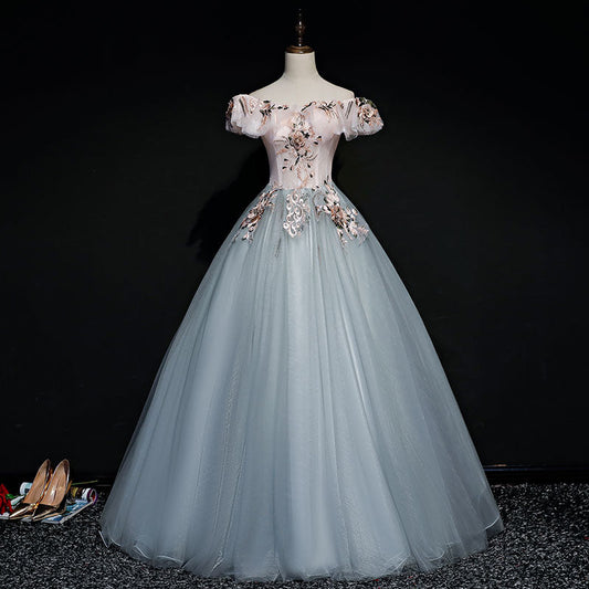 Gray tulle lace long ball gown dress formal dress  8722