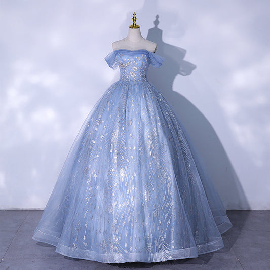Blue tulle sequins long ball gown dress formal gown  10187