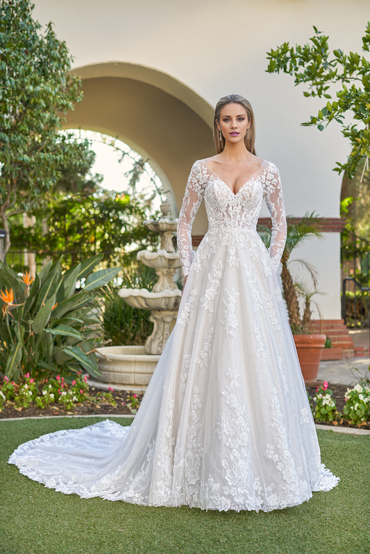A-line phantom tight corset long sleeved and floor length wedding dress