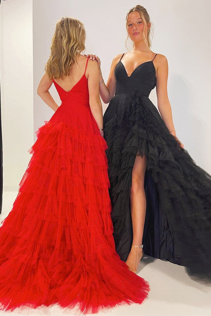Pink Tulle High-Waist Tiered Long Prom Dress with Ruffles