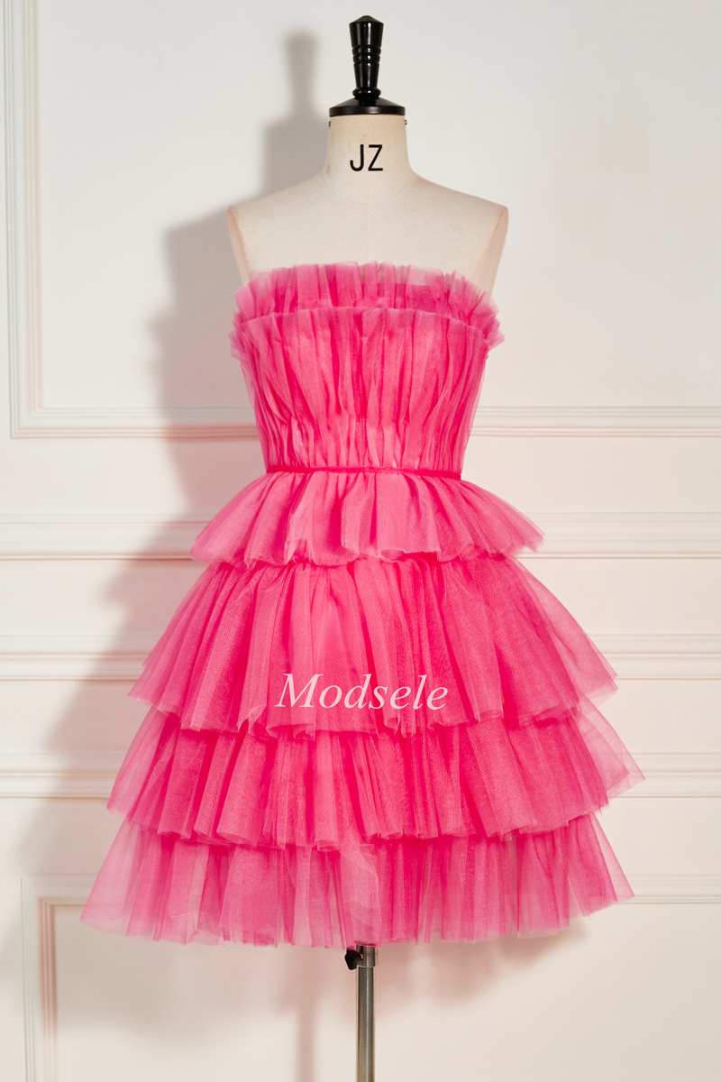 Hot Pink Strapless Tiered A-Line Short Party Dress with Ruffles